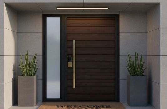 Modern dark wood slatted door with gold handle, sidelight, and WELCOME HOME doormat.