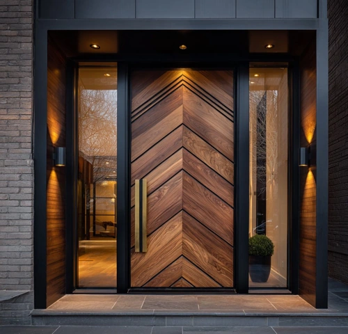 A modern, chevron-patterned walnut wood door with a vertical brass handle, flanked by narrow glass sidelights and warm architectural lighting.