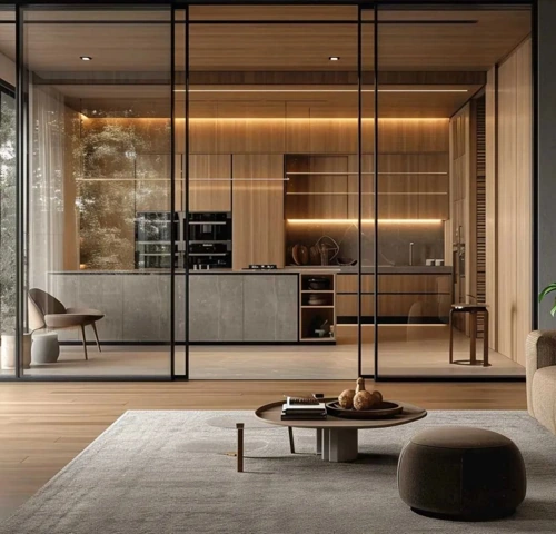 A modern living area featuring sliding black-framed glass doors that open into a minimalist, wood-paneled kitchen with warm integrated lighting.