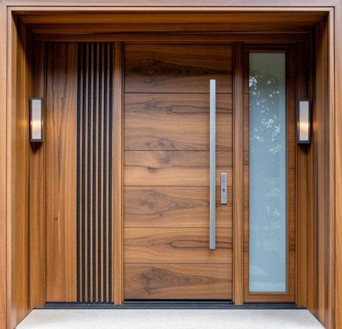 A modern wood front door with a horizontal grain, featuring a long vertical silver handle and a frosted glass sidelight.