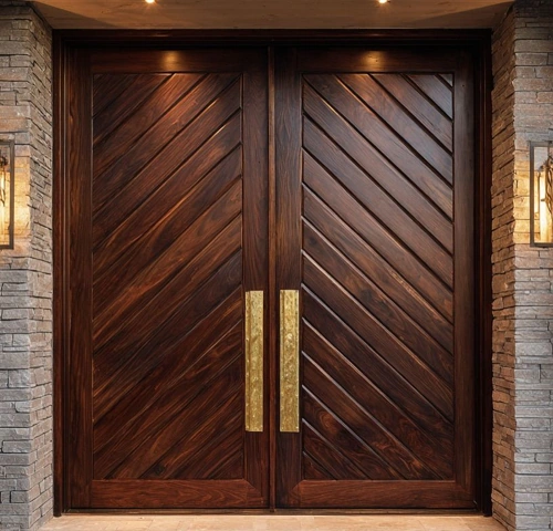 A pair of large, dark wood double doors with a diagonal chevron-style plank pattern and long, vertical gold handles, set between stone pillar walls.