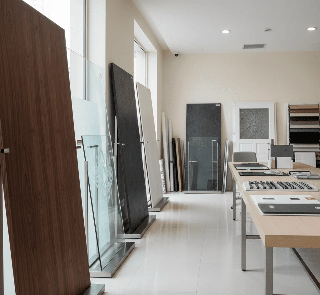 A row of modern interior and exterior doors installed in a showroom wall.