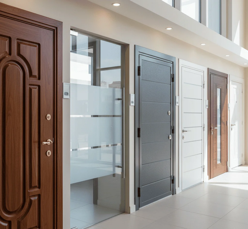A showroom displaying large material samples, glass panels, and a consultation