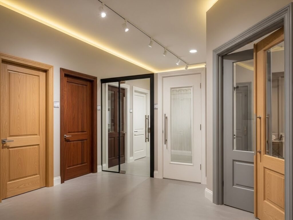 Diffrent Showroom-style interior hallway with different door types
