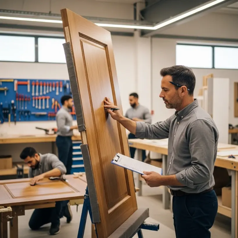 Ek professional supervisor workshop mein wooden door ki quality inspect kar raha hai.