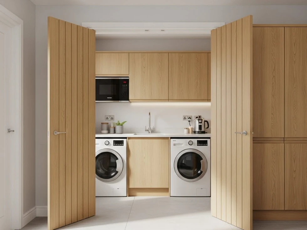 Light oak bifold doors for a modern utility room interior
