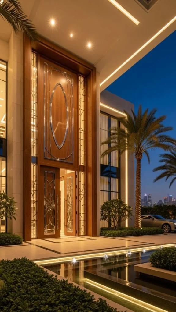 Luxury custom wooden main door at a modern Dubai villa entrance 2