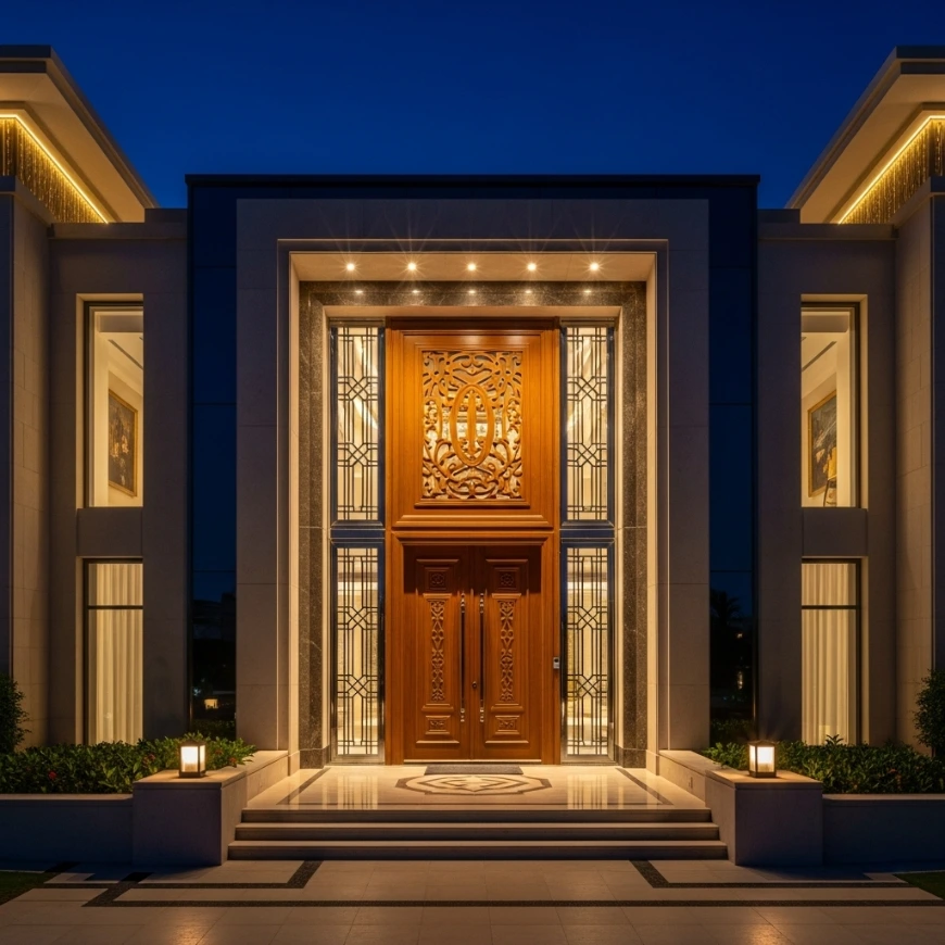 Luxury custom wooden main door at a modern Dubai villa entrance