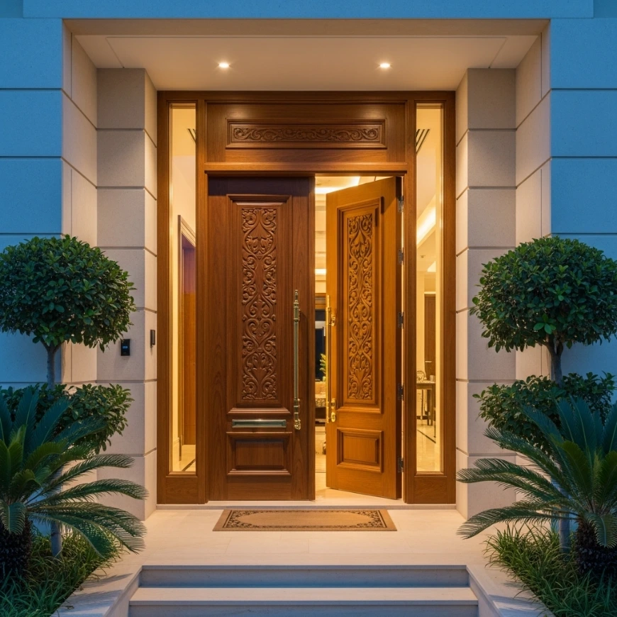 Luxury residential entrance with premium wooden door in Dubai