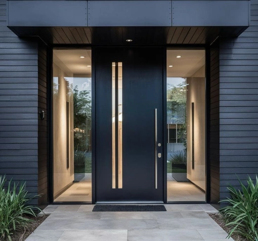 Modern black entrance door with vertical glass panels at a luxury Dubai home.