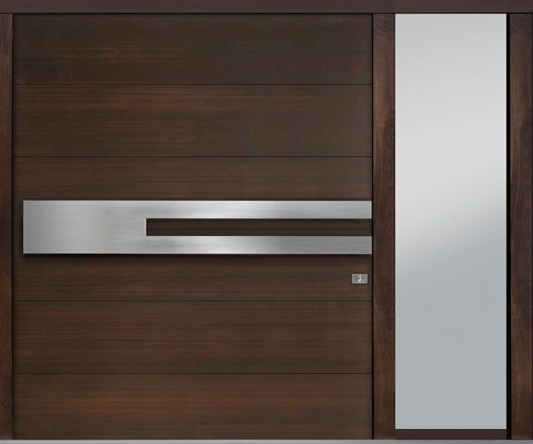 Modern dark wood door with a metal inlay and frosted glass sidelight.