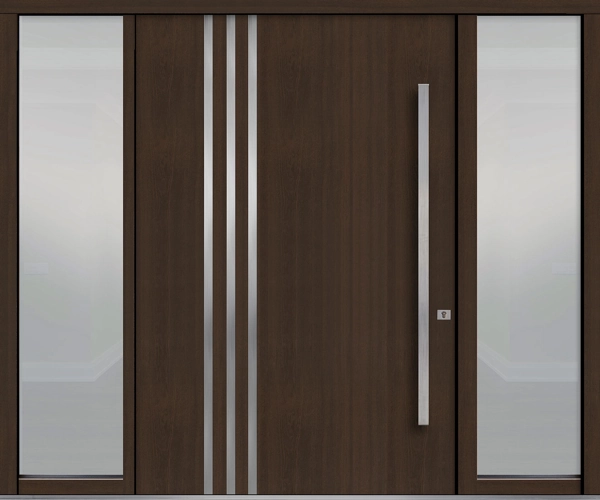 Modern dark wood front door with vertical silver accents, a long bar handle, and frosted glass sidelights.