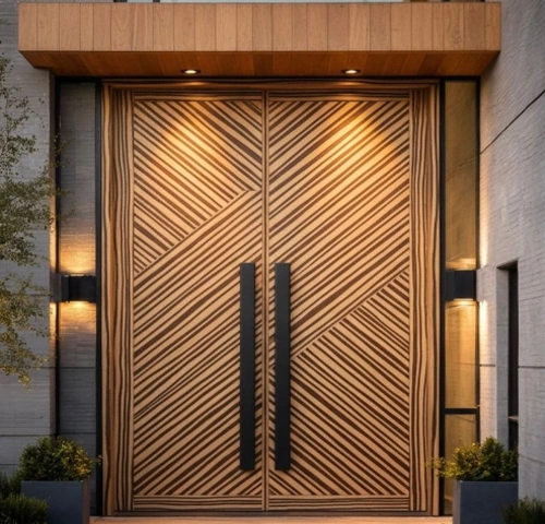 Modern double wood doors with a diagonal dark-striped pattern and long vertical black handles.