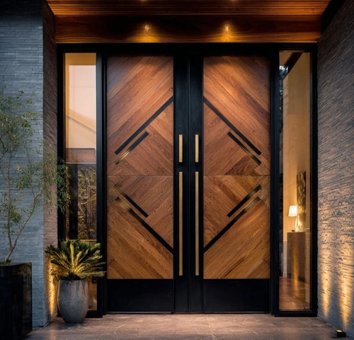 Modern geometric wood double doors with black trim and brass handles.