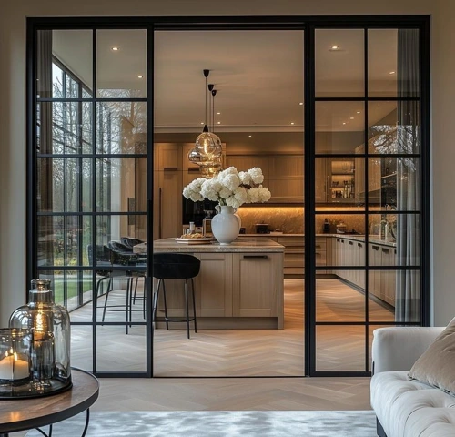 Modern kitchen viewed through black-framed, industrial-style glass sliding doors.