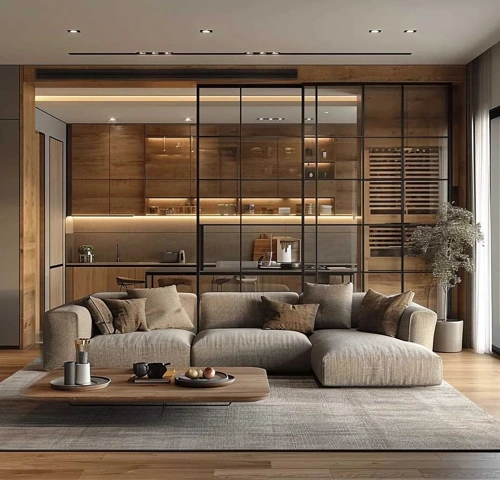 Modern living room with a black-framed glass sliding door separating a plush sofa from a wood-toned kitchen.