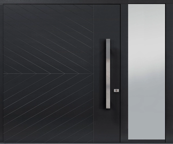 Modern matte black door with chevron texture and stainless steel handle.