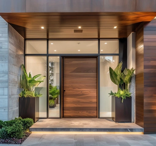 Modern wooden entrance door with glass panels and plants at a luxury Dubai home.