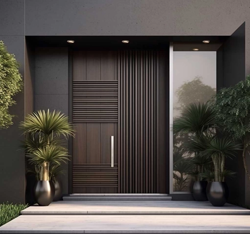 Modern wooden entrance door with vertical slats and plants at a luxury Dubai home.