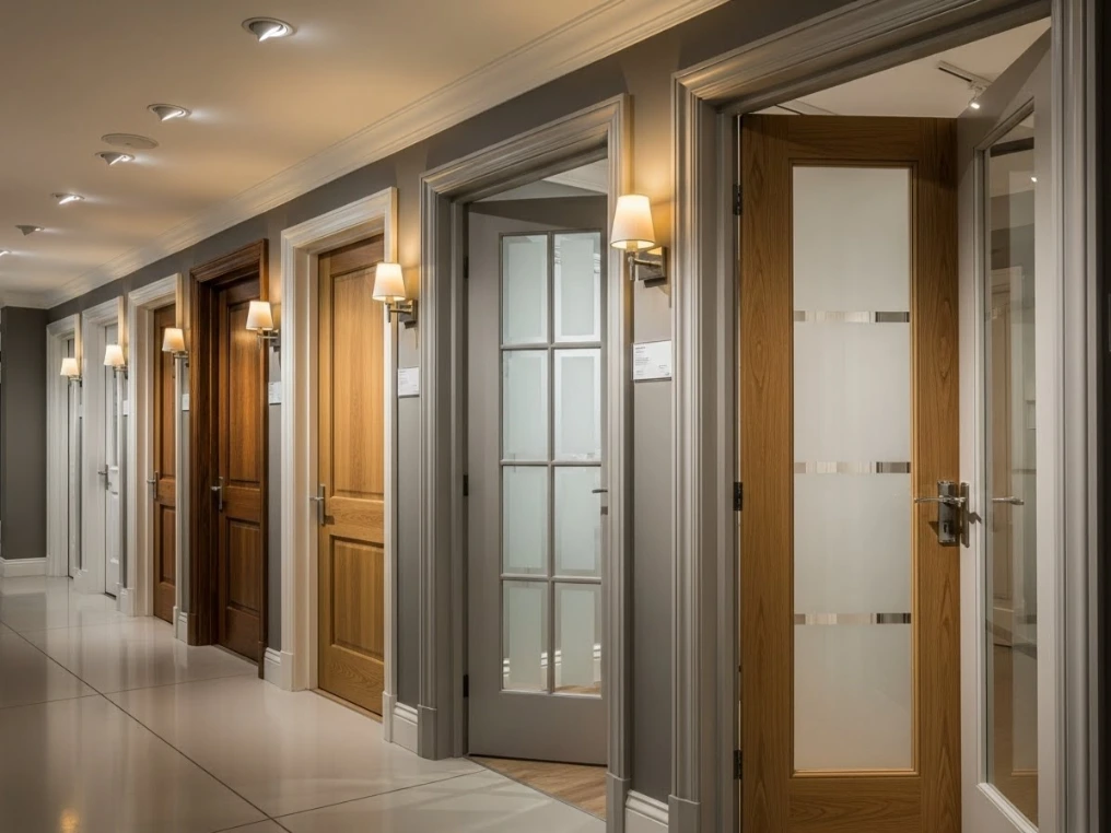 Showroom-style interior hallway with different door types