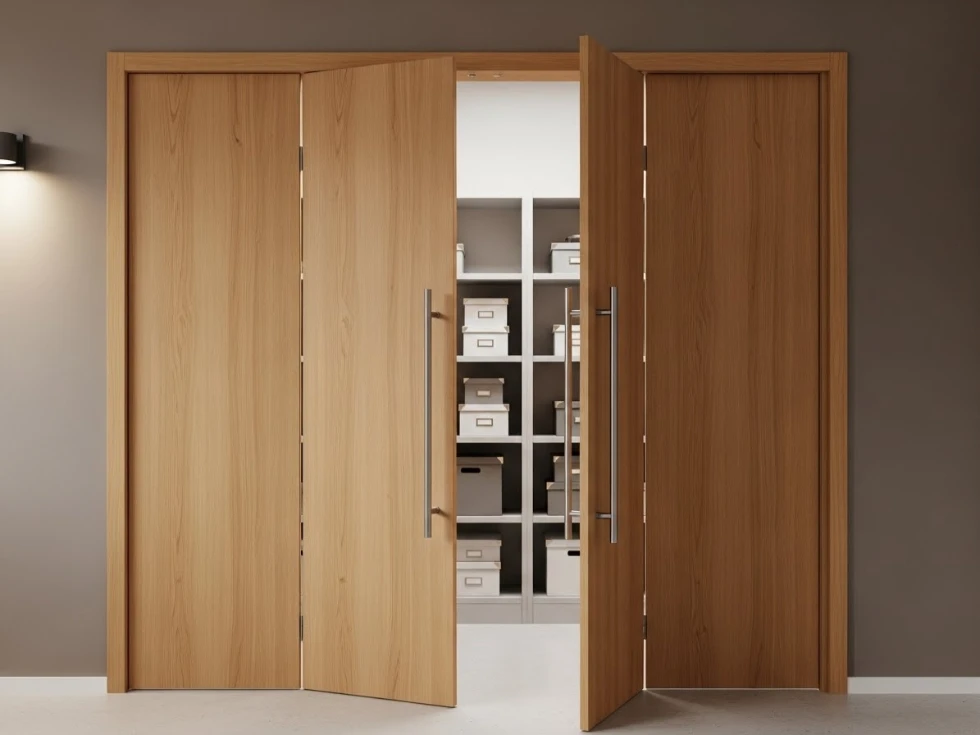 Space-saving wooden bifold doors for a storage room