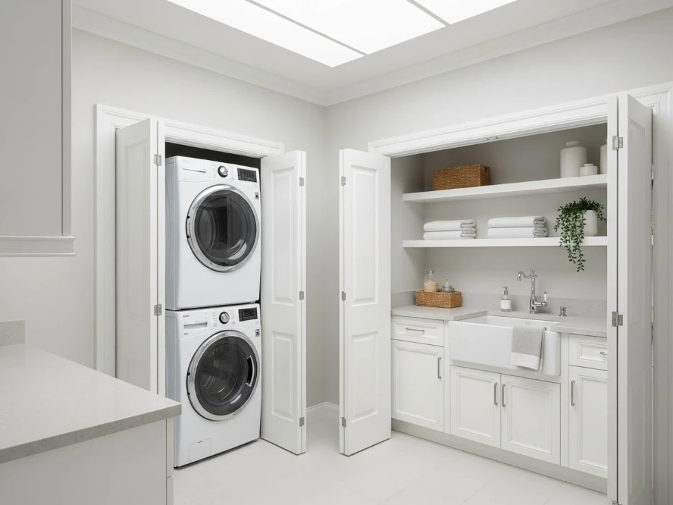White bifold doors for a modern laundry room interior