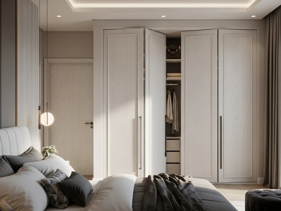 White wooden bifold closet modern bedroom interior in Dubai