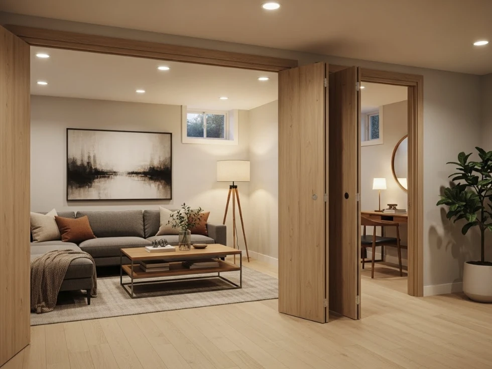 Wooden bifold doors installed in a modern residential basement