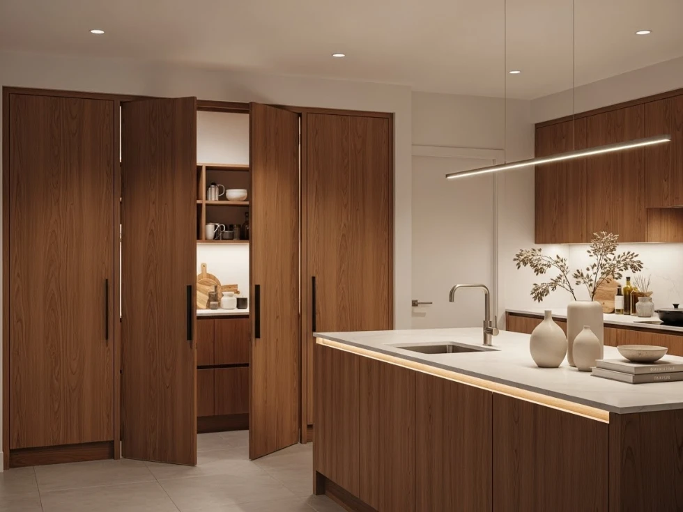 Wooden bifold doors used for pantry access in a modern kitchen