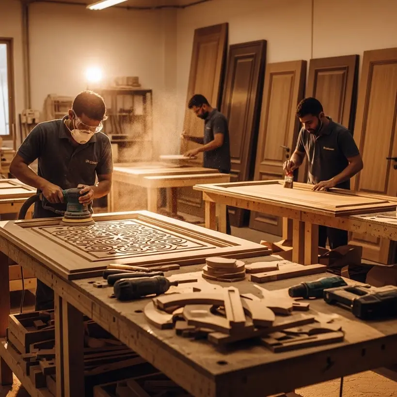 Workshop mein karigar lakdi ke darwazo par finishing ka kaam kar