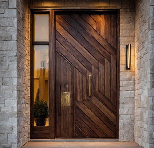 solid wood front door with a rich walnut finish, featuring a complex geometric pattern of diagonal and vertical planks.